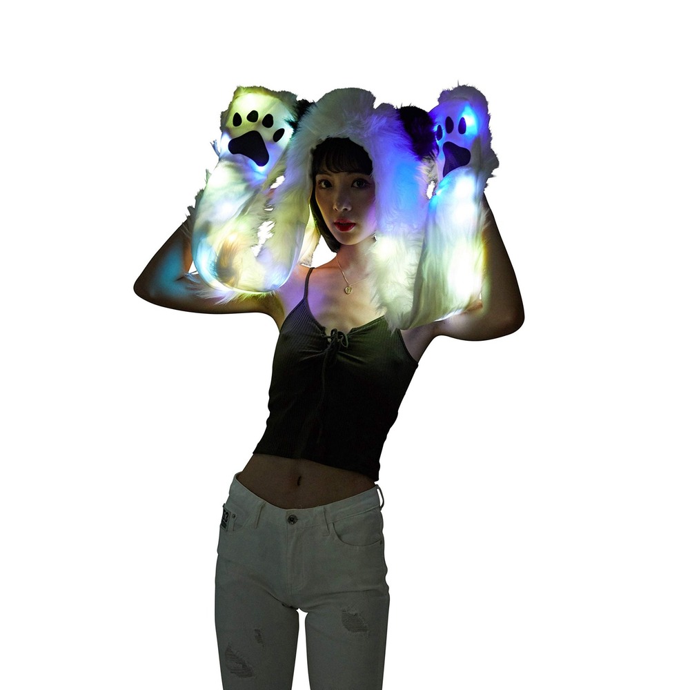 LED Light Up Panda Hat Scarf Gloves Faux Fur Spirit Hood w/ Paws Cosplay Costume - Picture 3 of 8